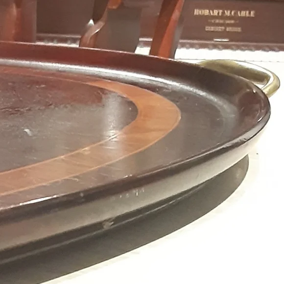 1894 - 1920 COWAN Chicago Brass & Mahogany Oval Serving Tray w/ Inlay A BEAUTY!